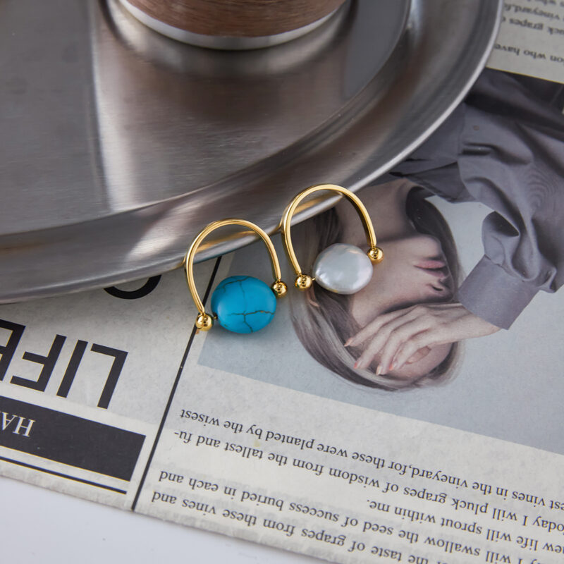 Button Turquoise Smooth U-Shaped Ring - Image 5