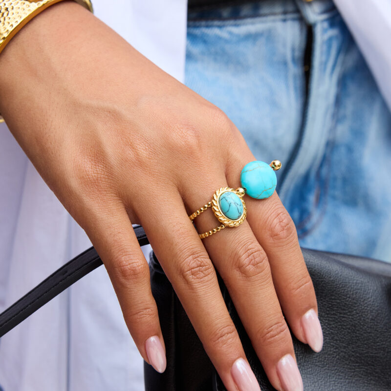 Adjustable Turquoise Open Ring 18K Gold - Image 3