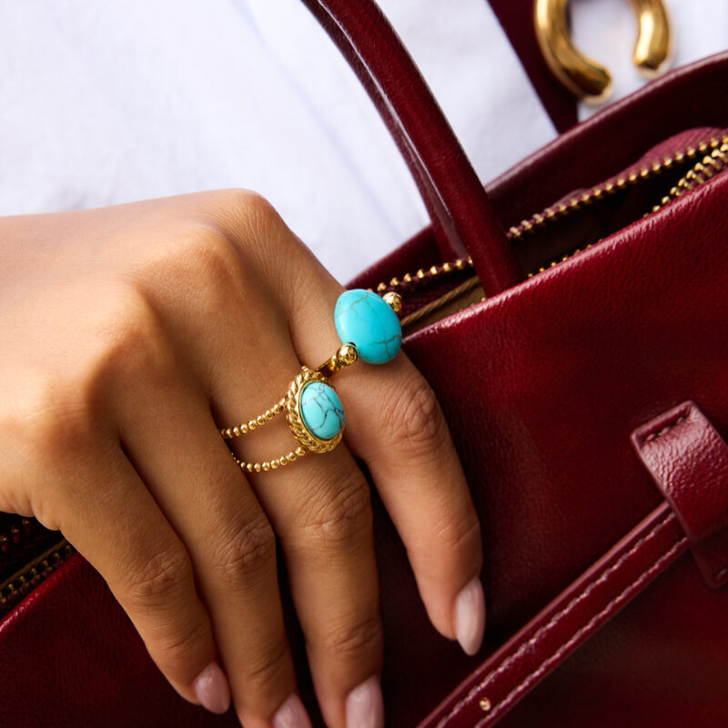 Adjustable Turquoise Open Ring 18K Gold - Image 2